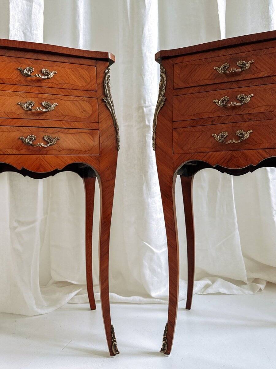Louis XV French bedside tables with floral marquetry, 1940s, set of 2