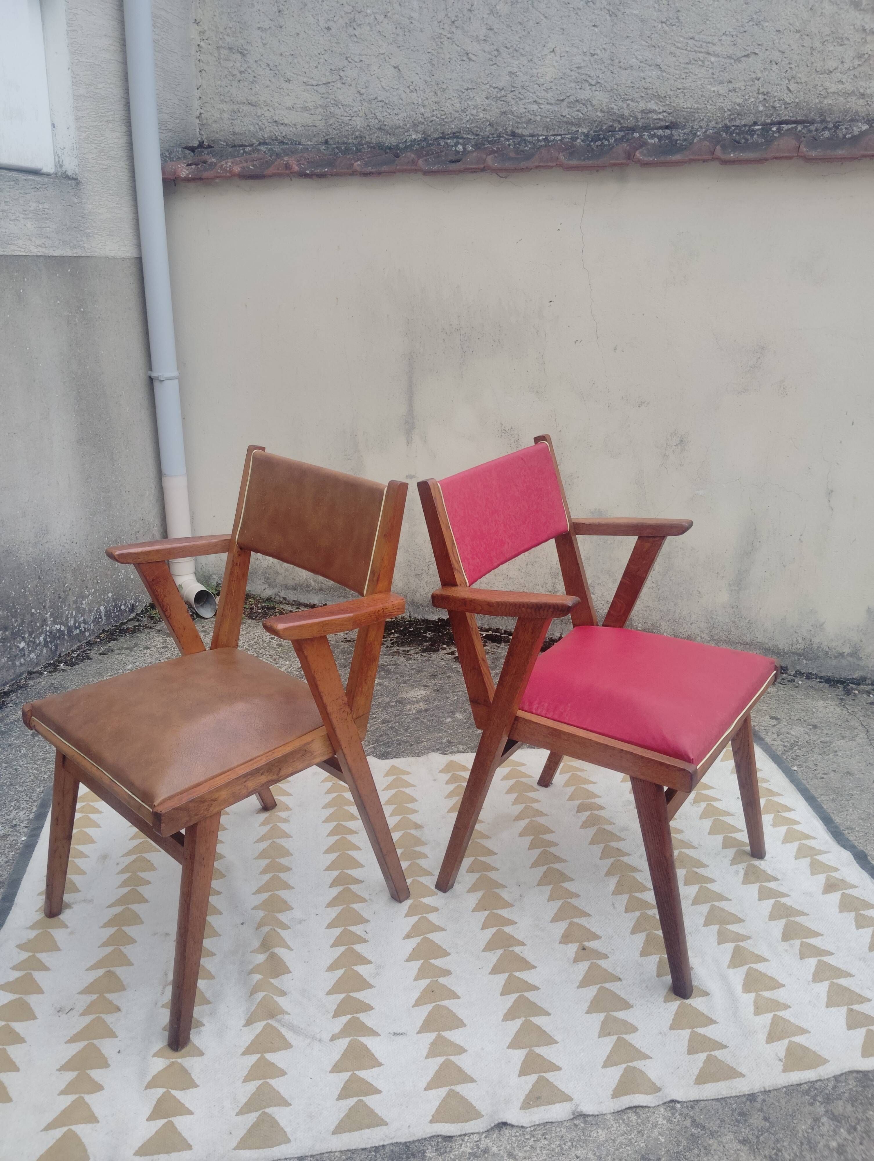 Set 7 chaises et 2 fauteuils bridge vintage chêne+simili