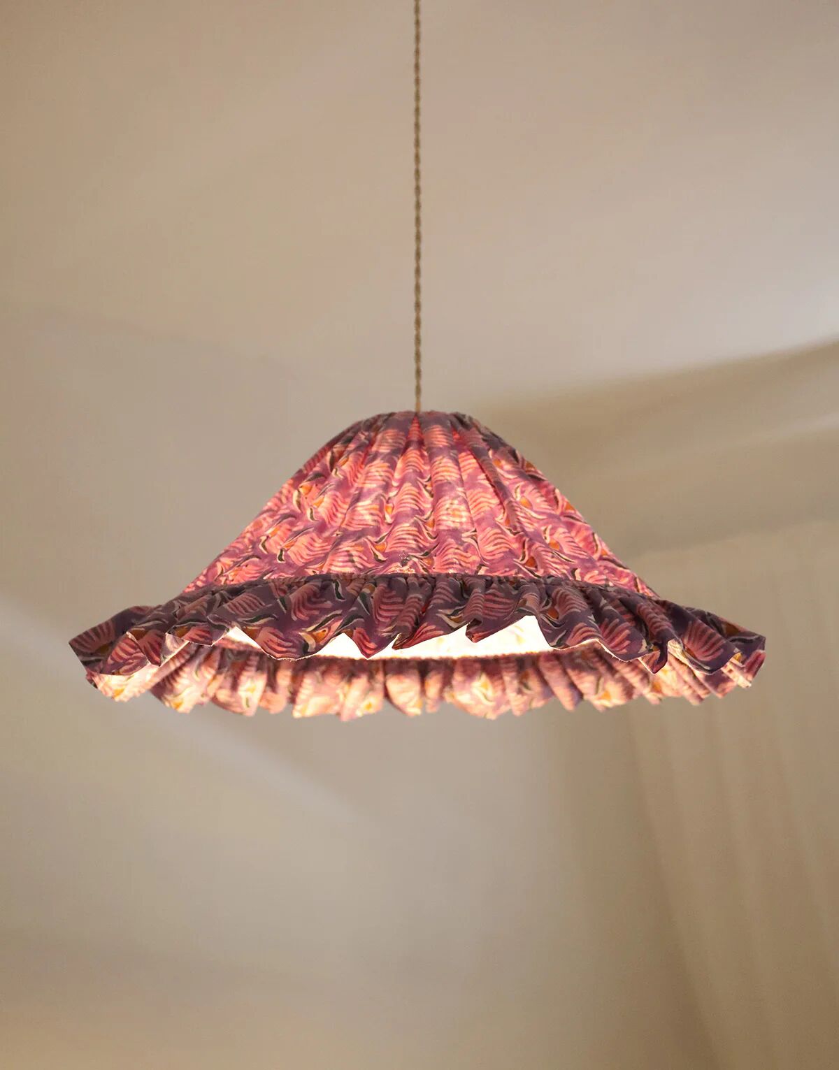 Emilia "purple shell flowers" conical textile suspension with flounce