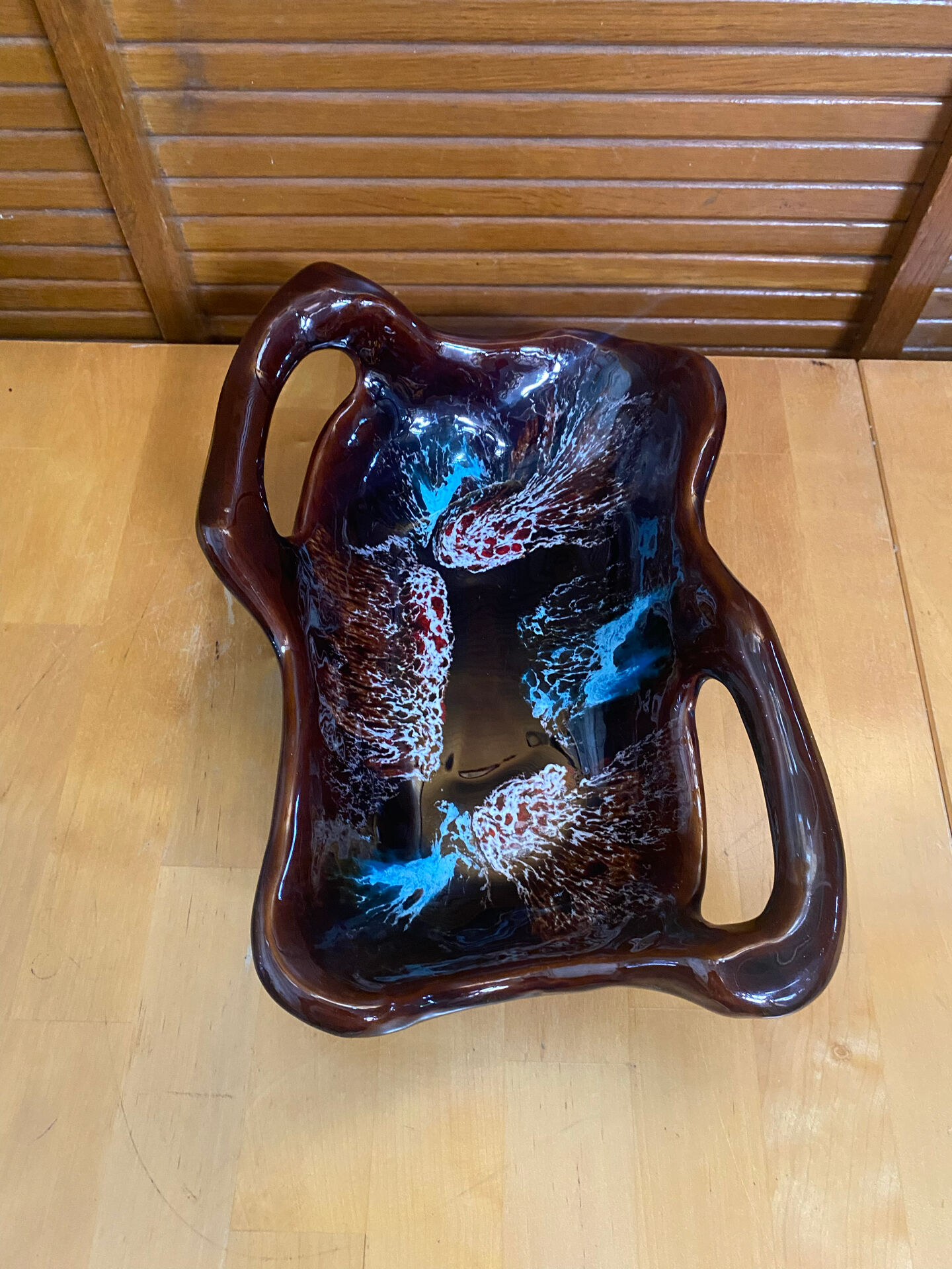 Coupe Centre De Table VALLAURIS Céramique Marron & Bleu Vintage #E172