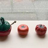 Salt pots and mustard pot, in enameled ceramic, slip, in the shape of a tomato, vintage