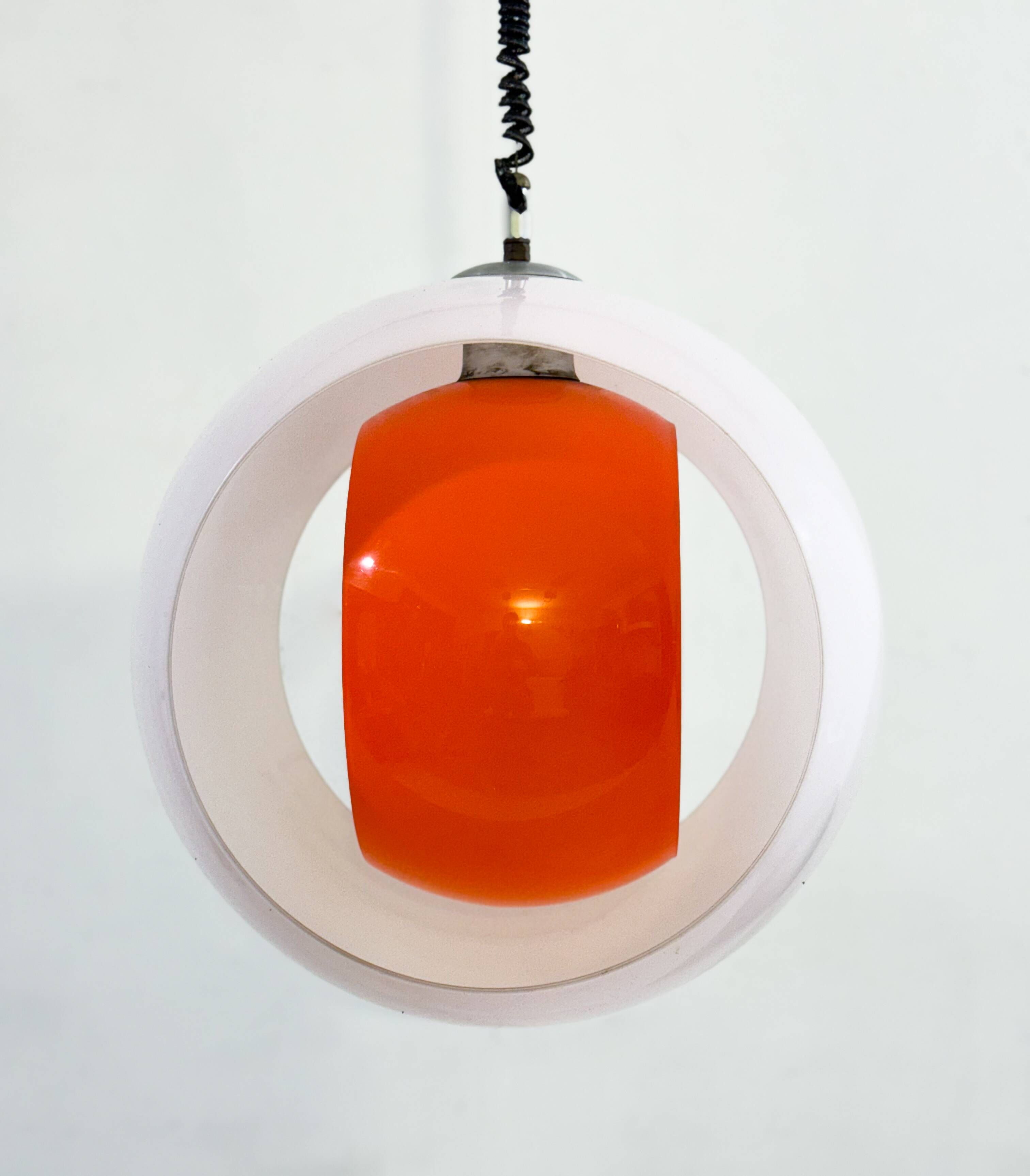 Mid-century Murano Glass White and Orange Suspension model "Eclisse" by Carlo Nason for Mazzega, Ita
