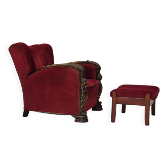 1950s, Danish armchair with footstool, furniture velour, ash wood.
