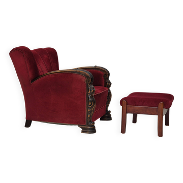 Années 1950, fauteuil danois avec repose-pieds, meuble en velours, bois de frêne.