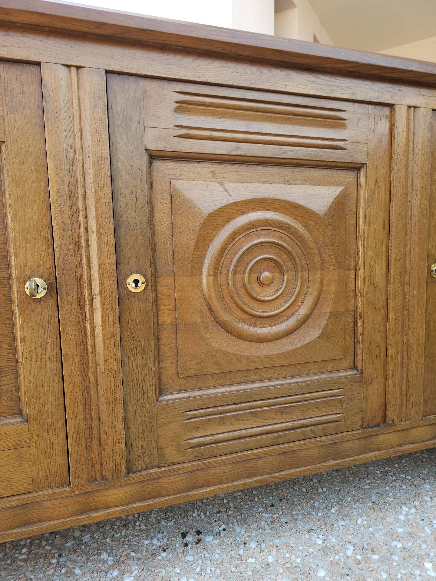 Solid oak sideboard, brutalist and Art Deco work, mid-century.