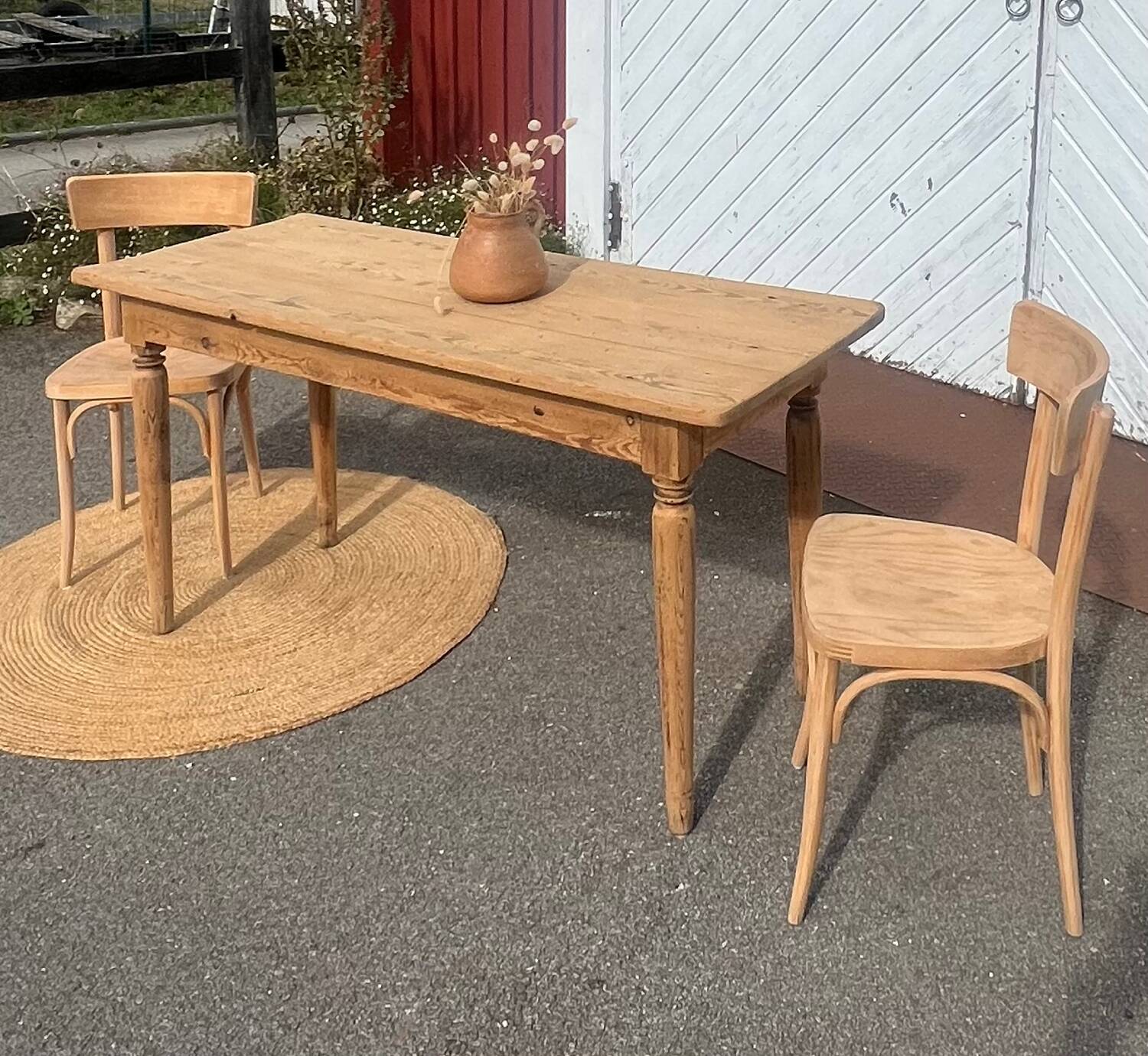 Antique vintage bistro table in solid raw wood for 6 people