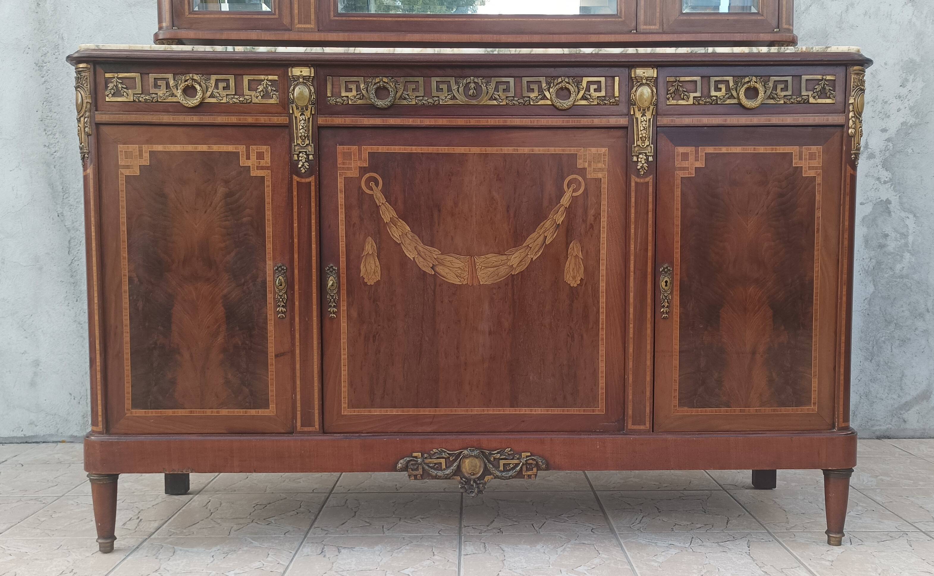 Louis XVI 2-part sideboard in mahogany veneer and precious wood marquetry