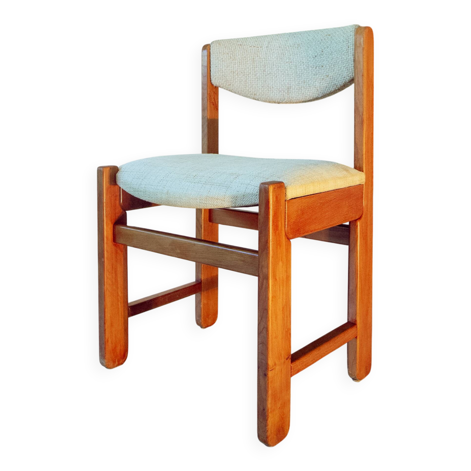 Chair in elm and wool, 1980s.