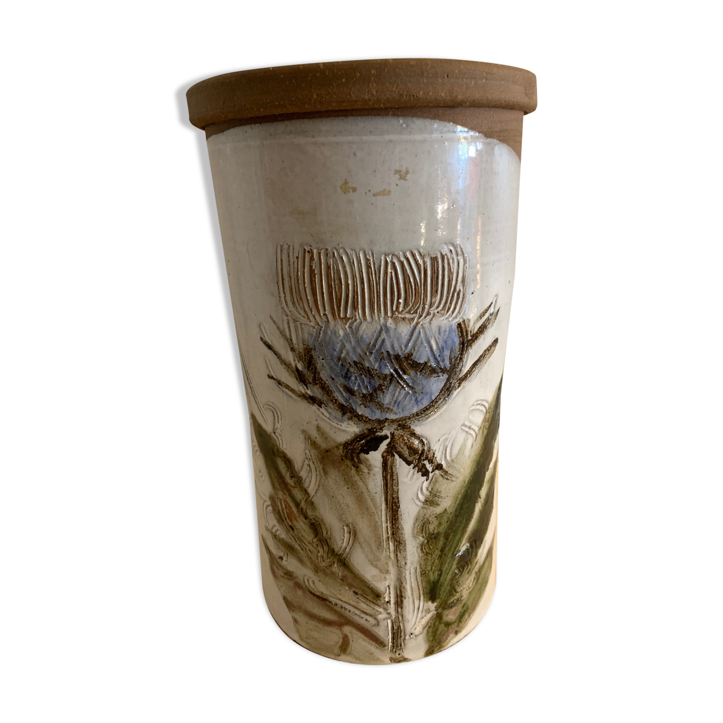 Bottle holder or refresher Albert Thiry, in glazed ceramic Vallauris, thistle decoration, 1960