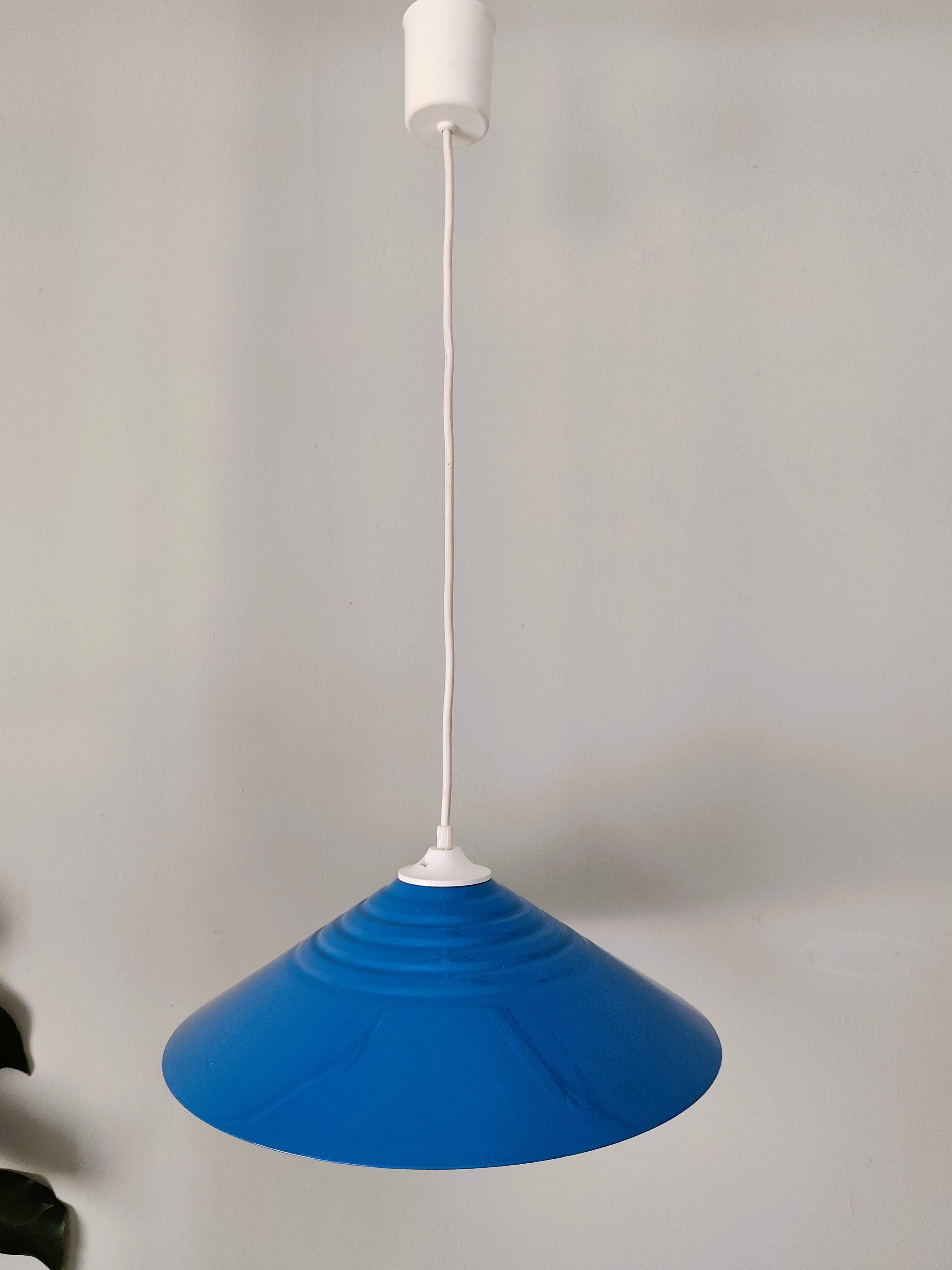 Blue lacquered metal suspension in a 70s/80s style.