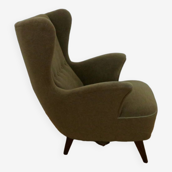 Fauteuil lounge danois en mohair vert olive, années 1950