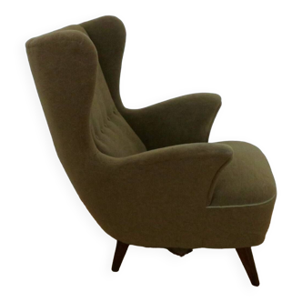 Fauteuil lounge danois en mohair vert olive, années 1950