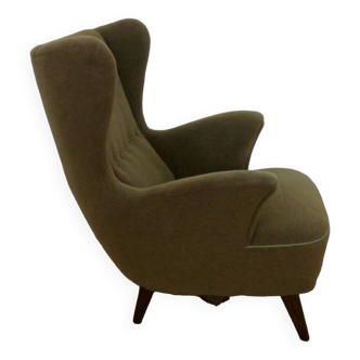 Danish olive green mohair wing lounge chair, 1950s