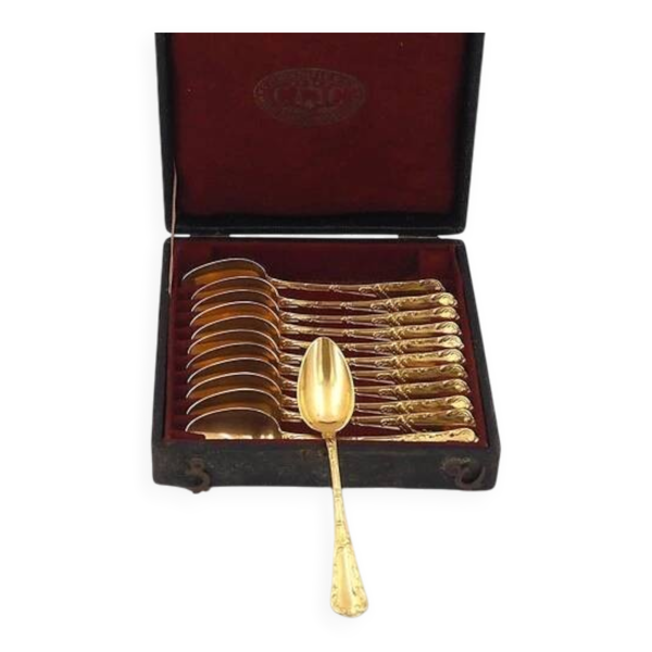 Christofle Chrysanthème doré, 12 cuillères à moka, café, 12,3 cm, monogramme BP.