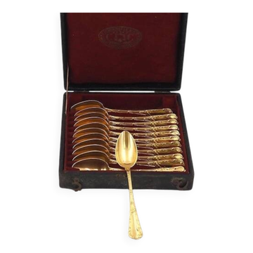 Christofle Chrysanthème doré, 12 cuillères à moka, café, 12,3 cm, monogramme BP.