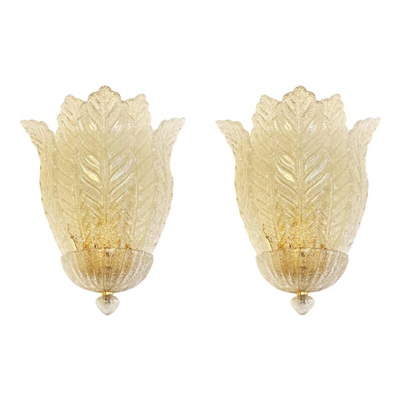 Set of Two Transparent Graniglia “Leaf” Murano Glass Wall Sconces