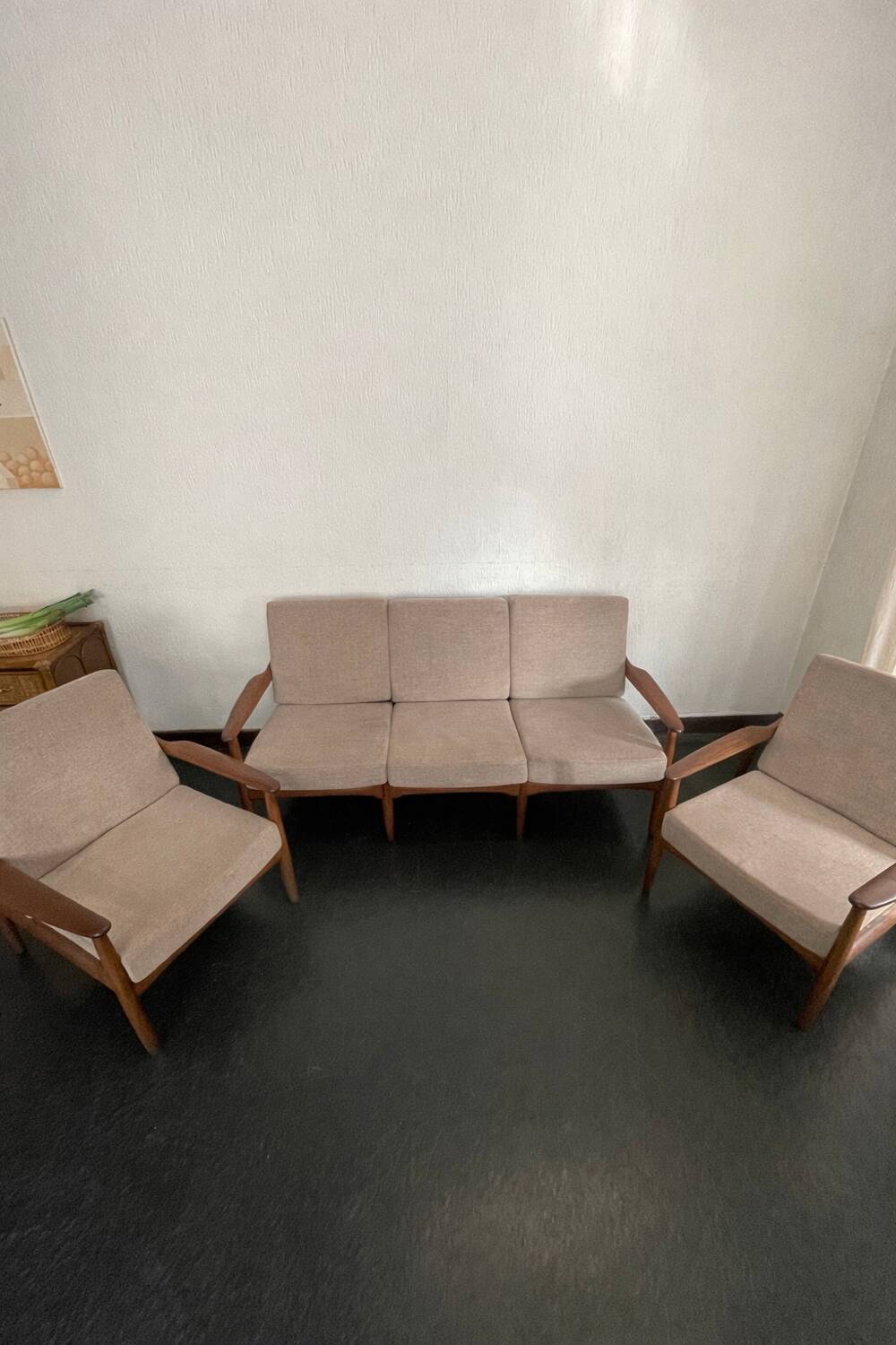 Vintage Scandinavian teak lounge — 3-seater sofa and two armchairs.