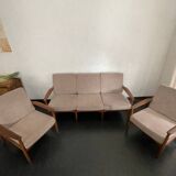 Vintage Scandinavian teak lounge — 3-seater sofa and two armchairs.