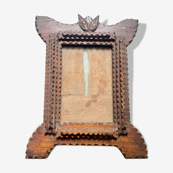 Antique tramp art carved wood frame 27 cm x 20 cm