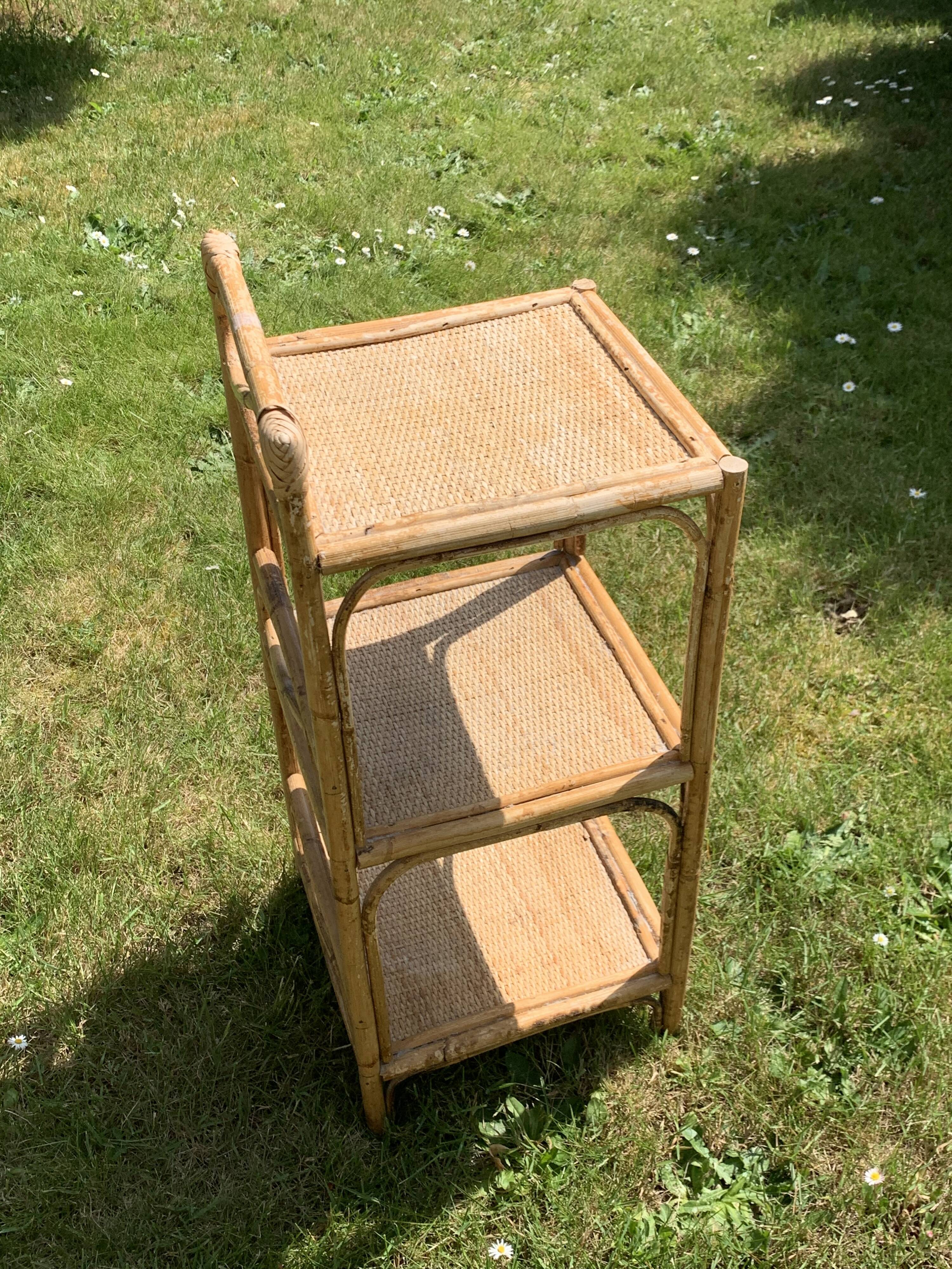Bamboo and wicker shelf, 3 vintage floors