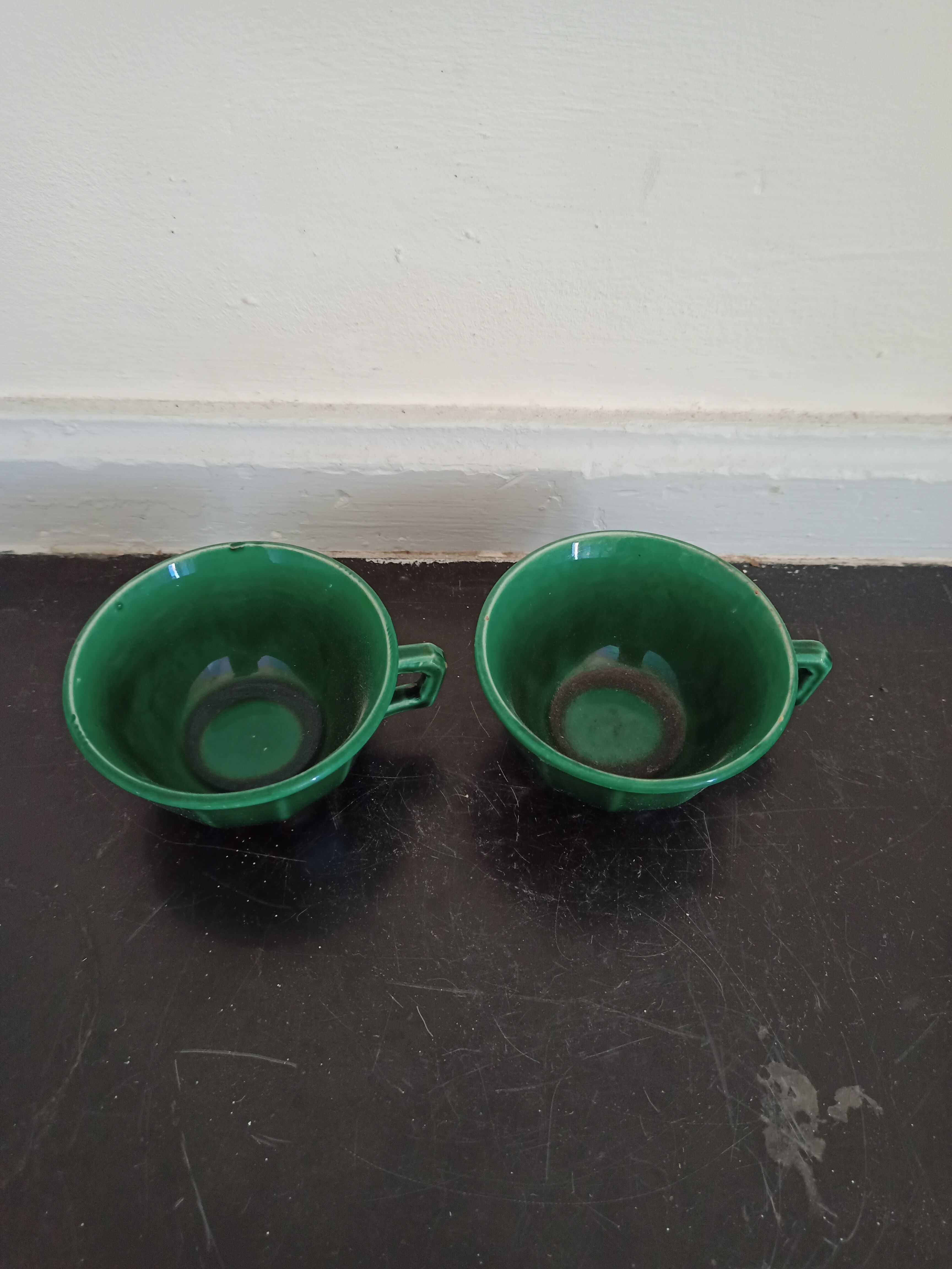 Pair of green ceramic cups K G Lunéville antique