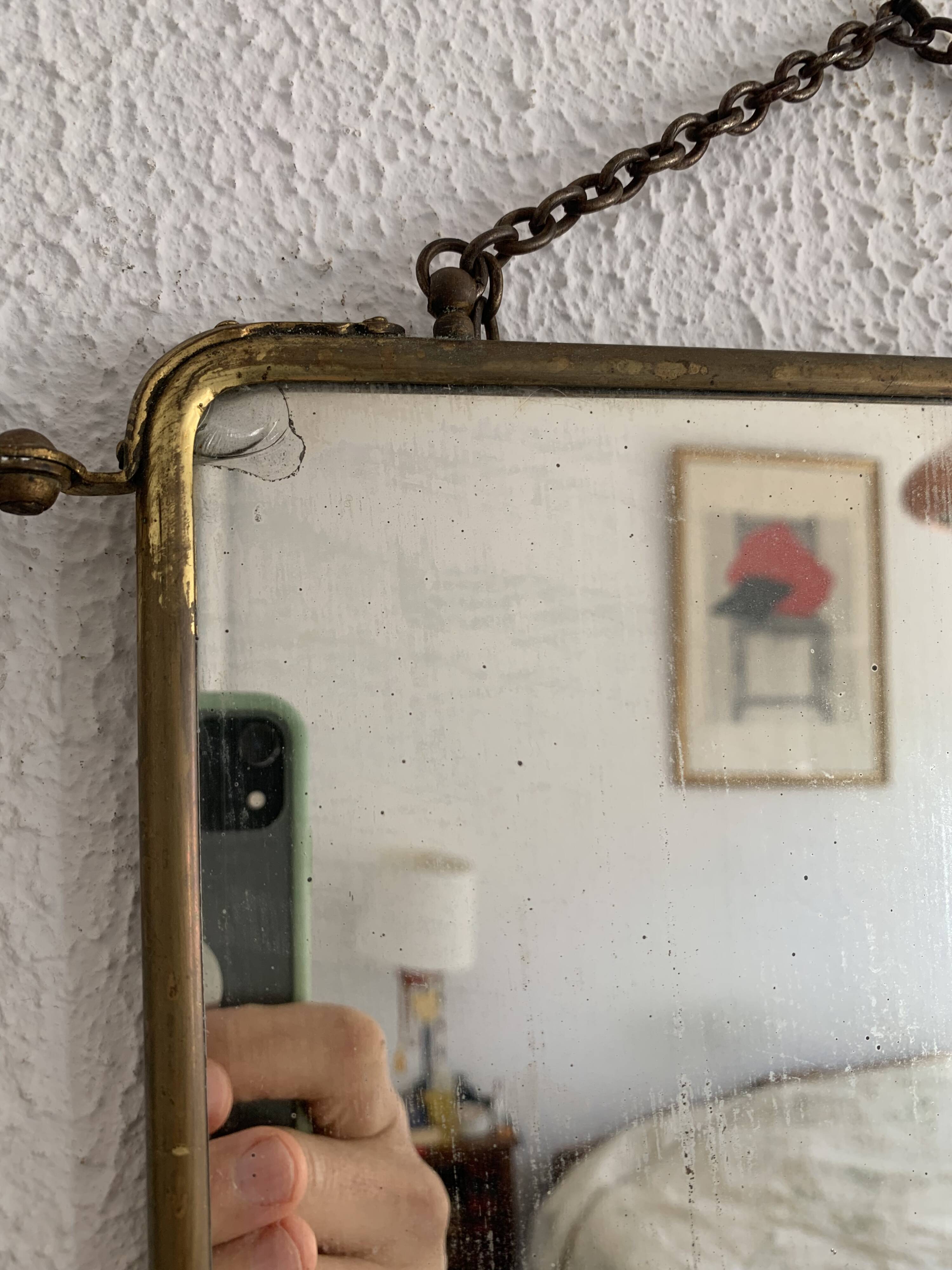 Vintage 1920s triptych barber mirror in gold and green faux crocodile leather - 37 x 87