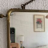 Vintage 1920s triptych barber mirror in gold and green faux crocodile leather - 37 x 87