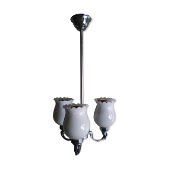 Lustre 3 feux chromé et opaline