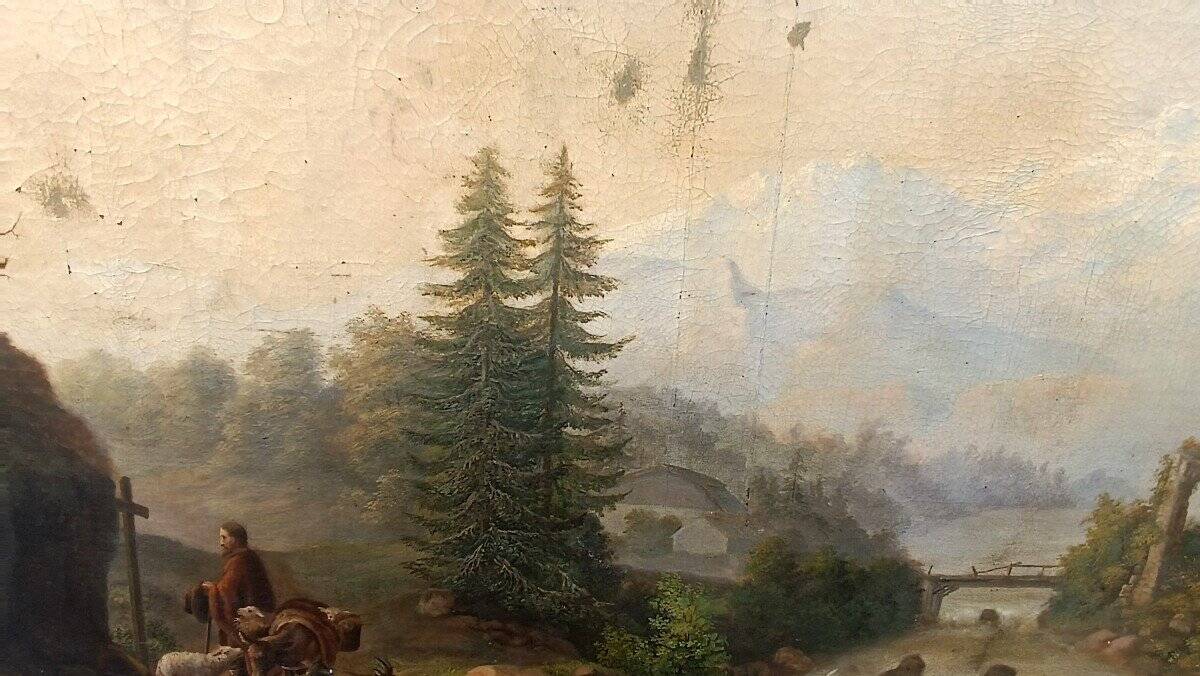 Large Antique Castle Landscape Painting, Oil On Canvas Signed Kraft 1850