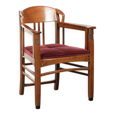 Chaise de salle à manger design Art Nouveau / Jugendstil avec revêtement en tissu rouge.