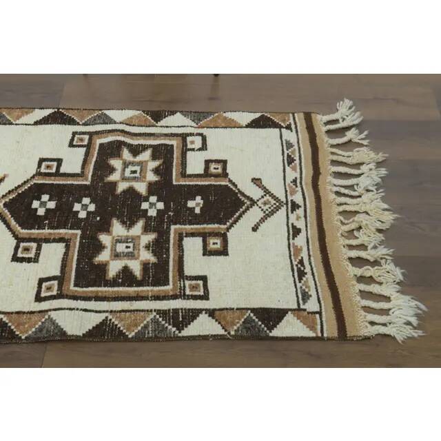 1970s Vintage Turkish Hand-Knotted Wool Cotton White Runner Rug 90x395