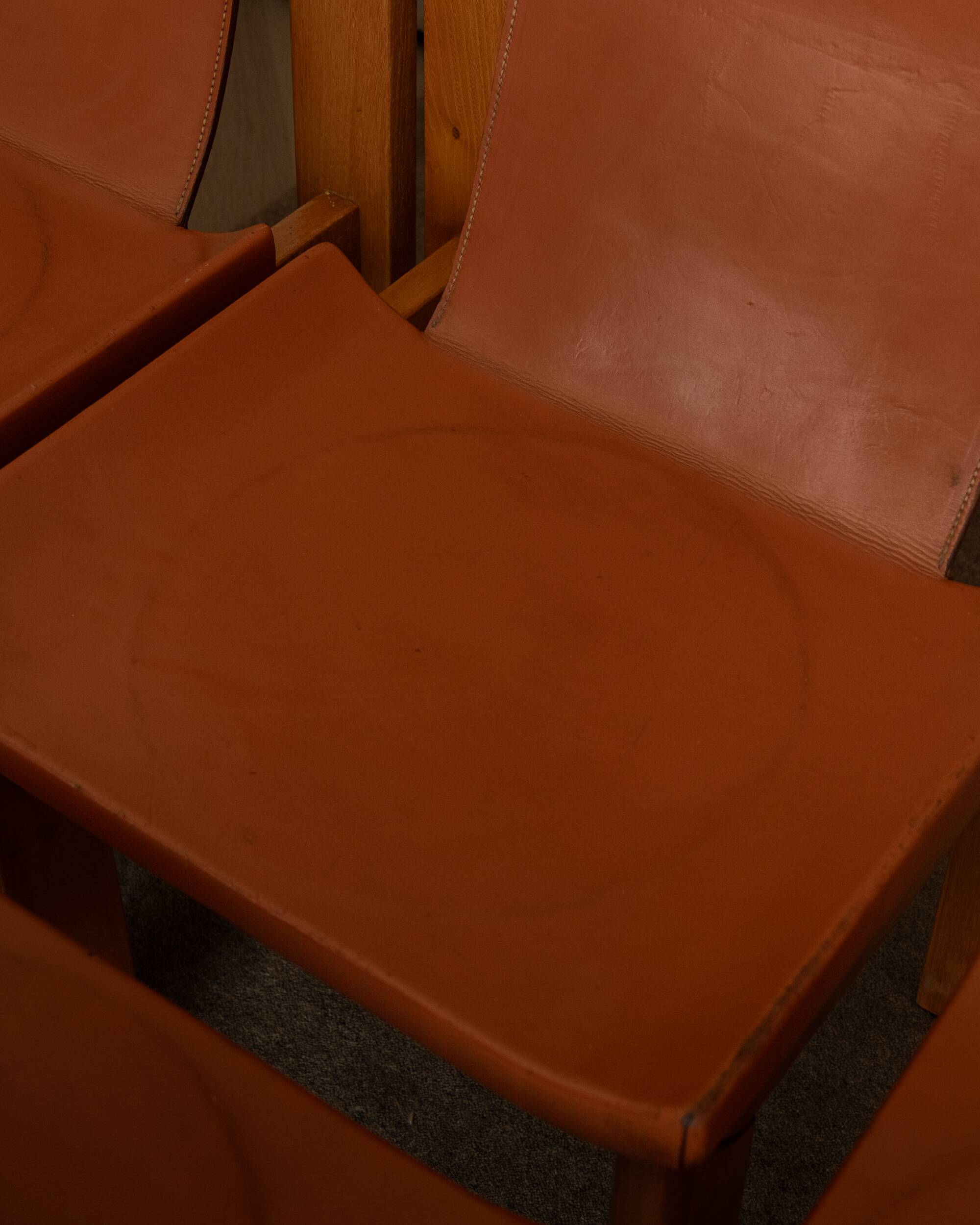 Wood Leather Dining Chairs Luigi Gorgoni Roche Bobois, 1970s, Set of 7
