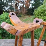 2 tabourets espagnols tripode brutaliste chêne massif, 1960