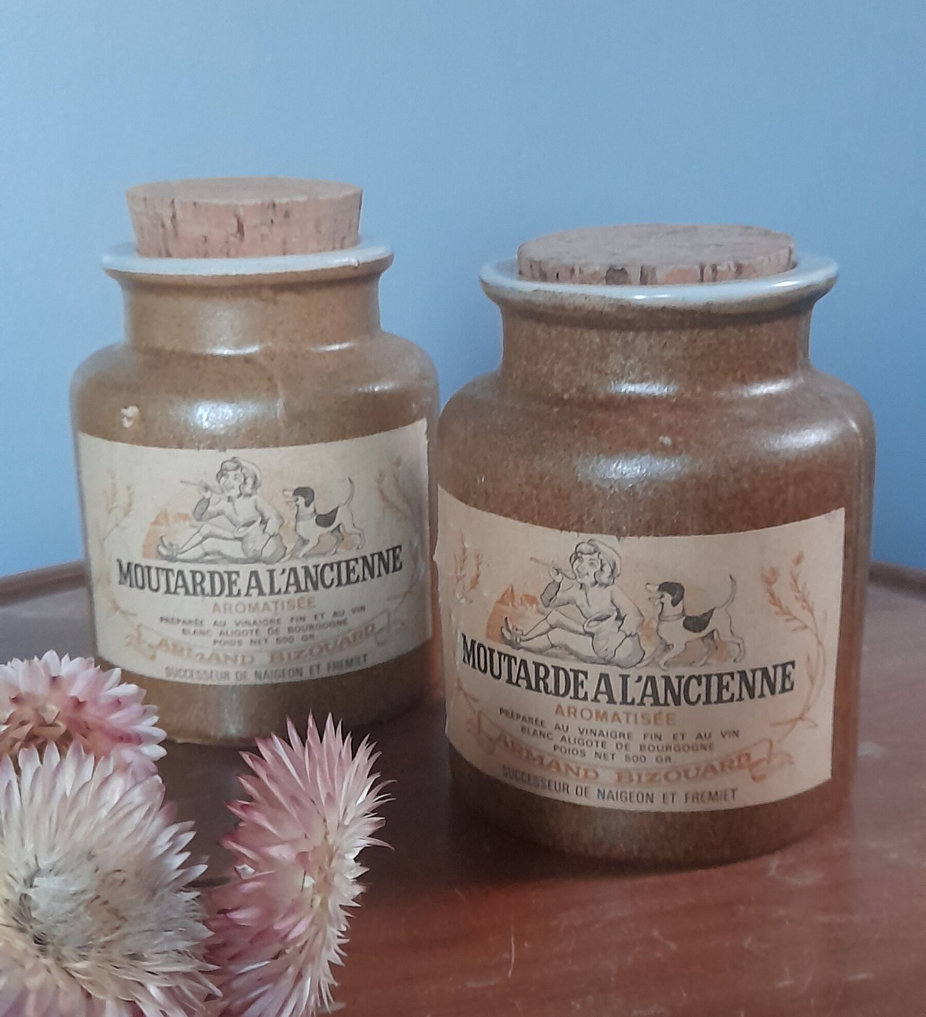Duo of glazed stoneware mustard pots with label and corks, armand bizouard, amora, 1950