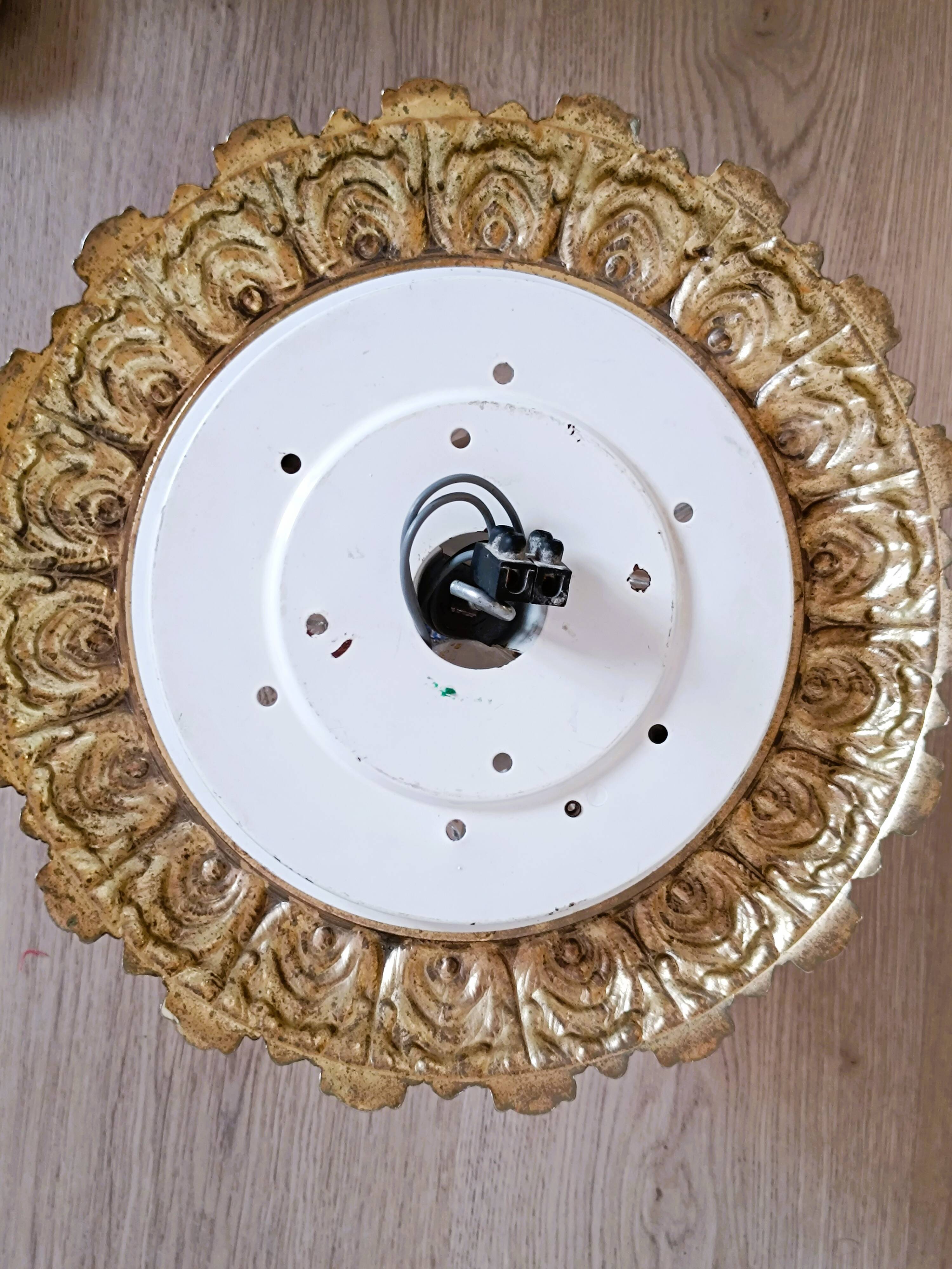 1960s molded glass ceiling light with brass crown