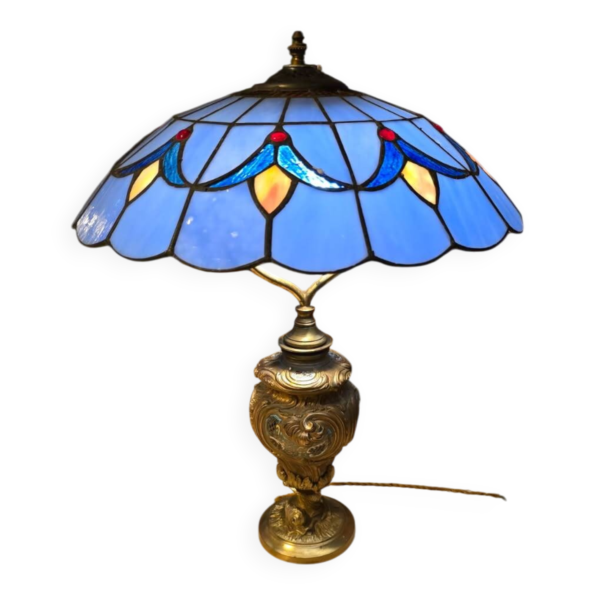 bronze lamp from 1900, solid, inlaid with enamels and glass shade