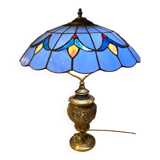 bronze lamp from 1900, solid, inlaid with enamels and glass shade