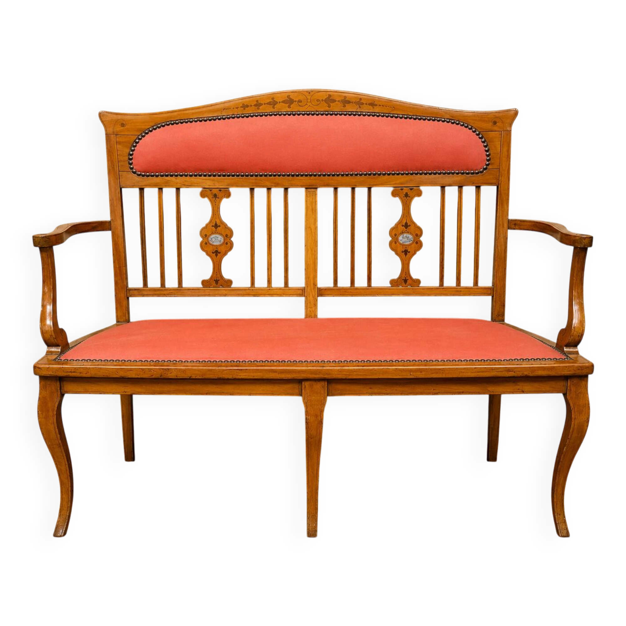Art Nouveau bench in fruitwood with marquetry