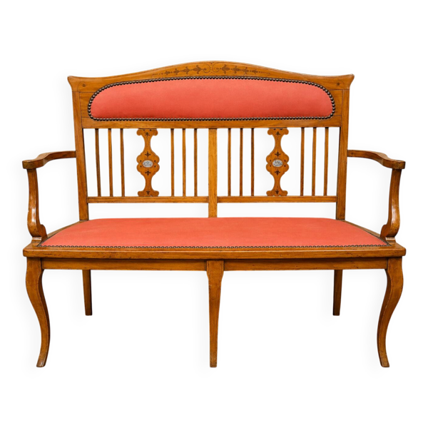Banquette époque Art Nouveau en bois fruitier marqueté