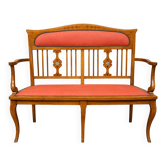 Banquette époque Art Nouveau en bois fruitier marqueté