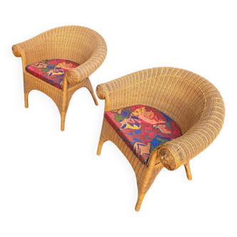 2 x fauteuils en rotin des années 1980 avec revêtement d'origine