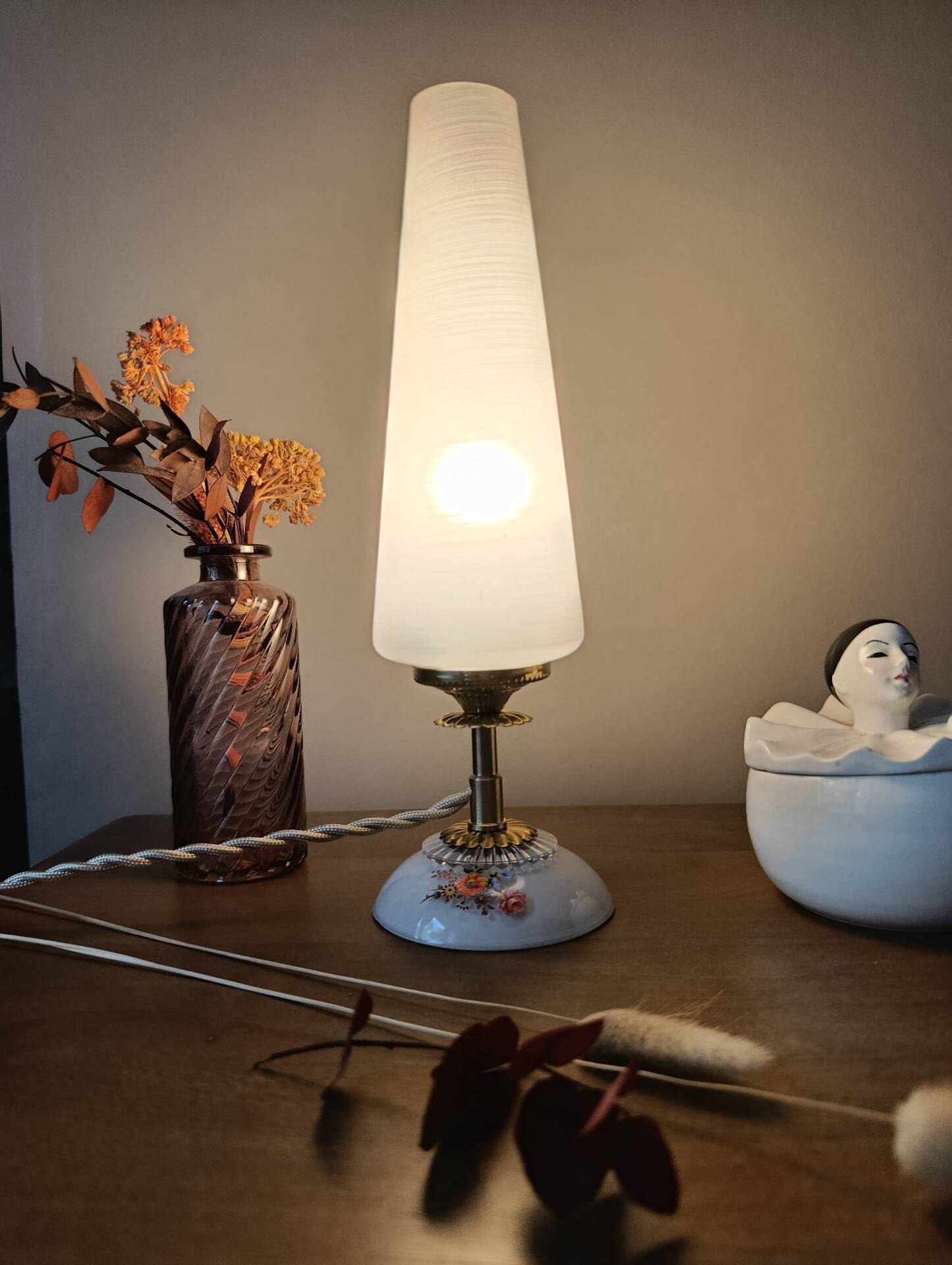 upcycled table lamp | white glass, vintage charm