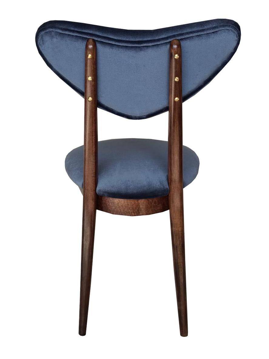 Heart-shaped blue velvet chair with walnut wood, mid-century, Poland, 1960s.