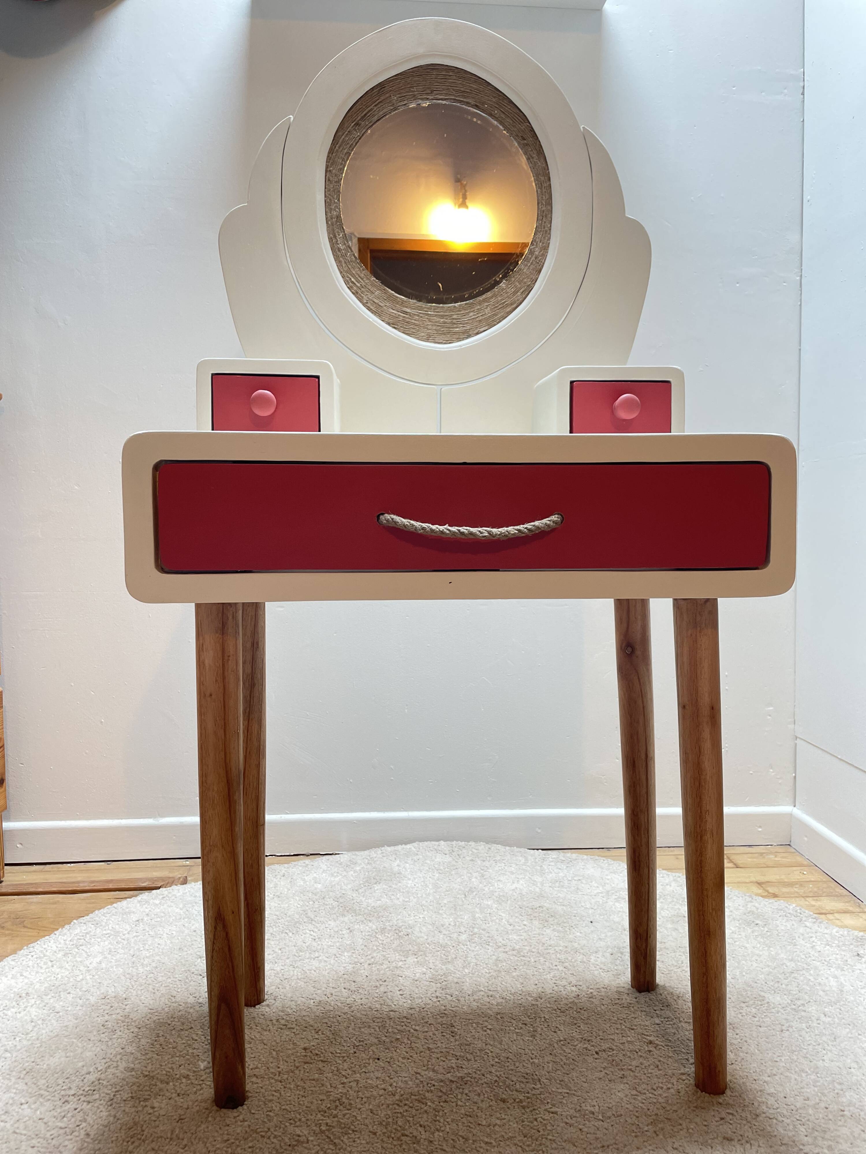 Wooden dressing table with beige and red baroque style mirror