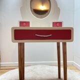 Wooden dressing table with beige and red baroque style mirror