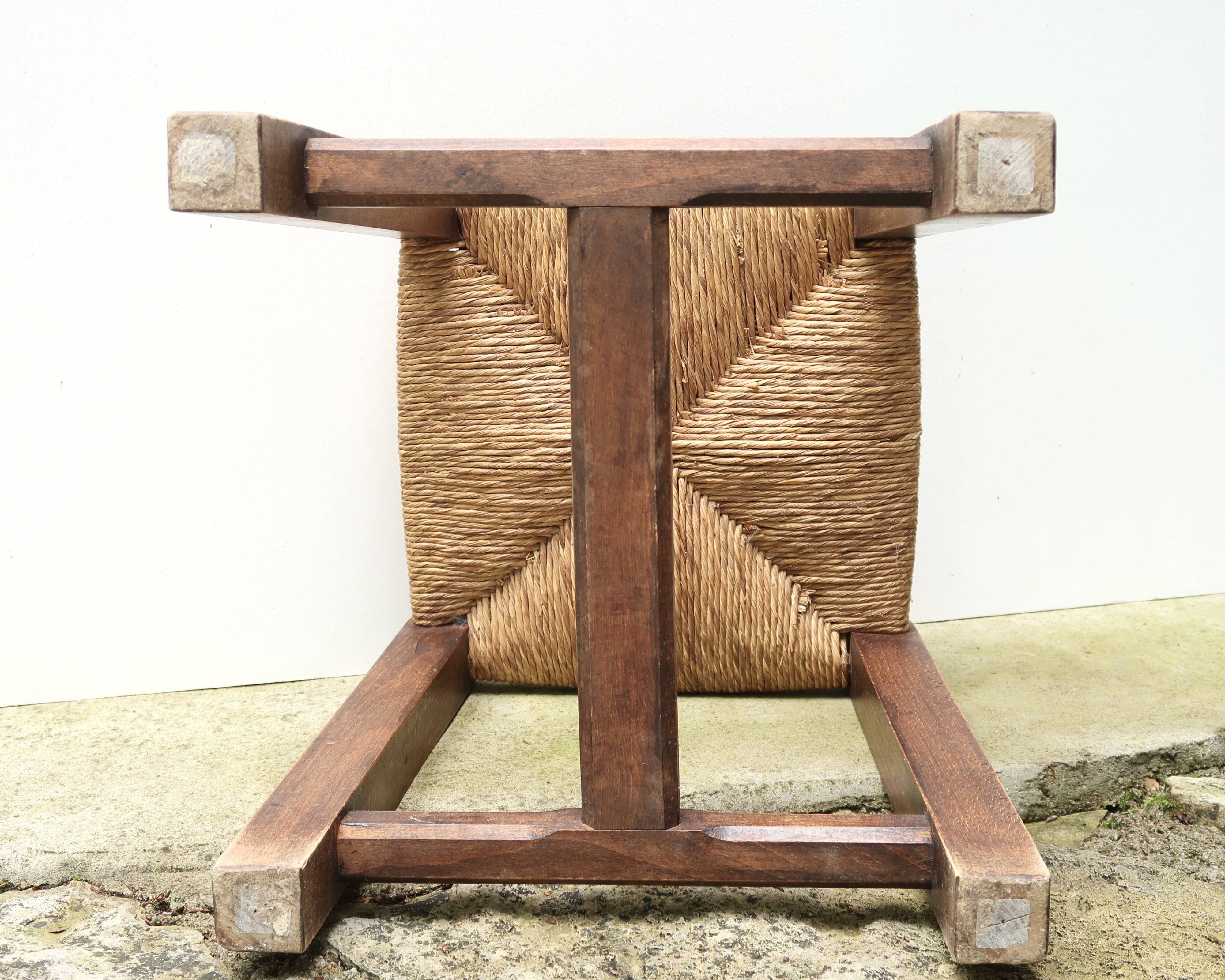 Wooden stool with straw seat, 1970s