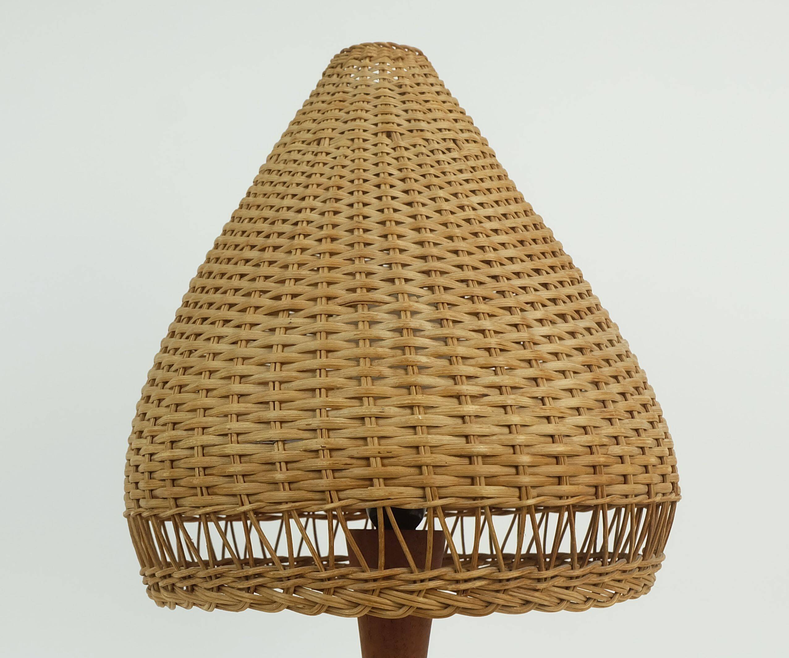 Danish modern table lamp teak and rattan 1960s mid century wicker light
