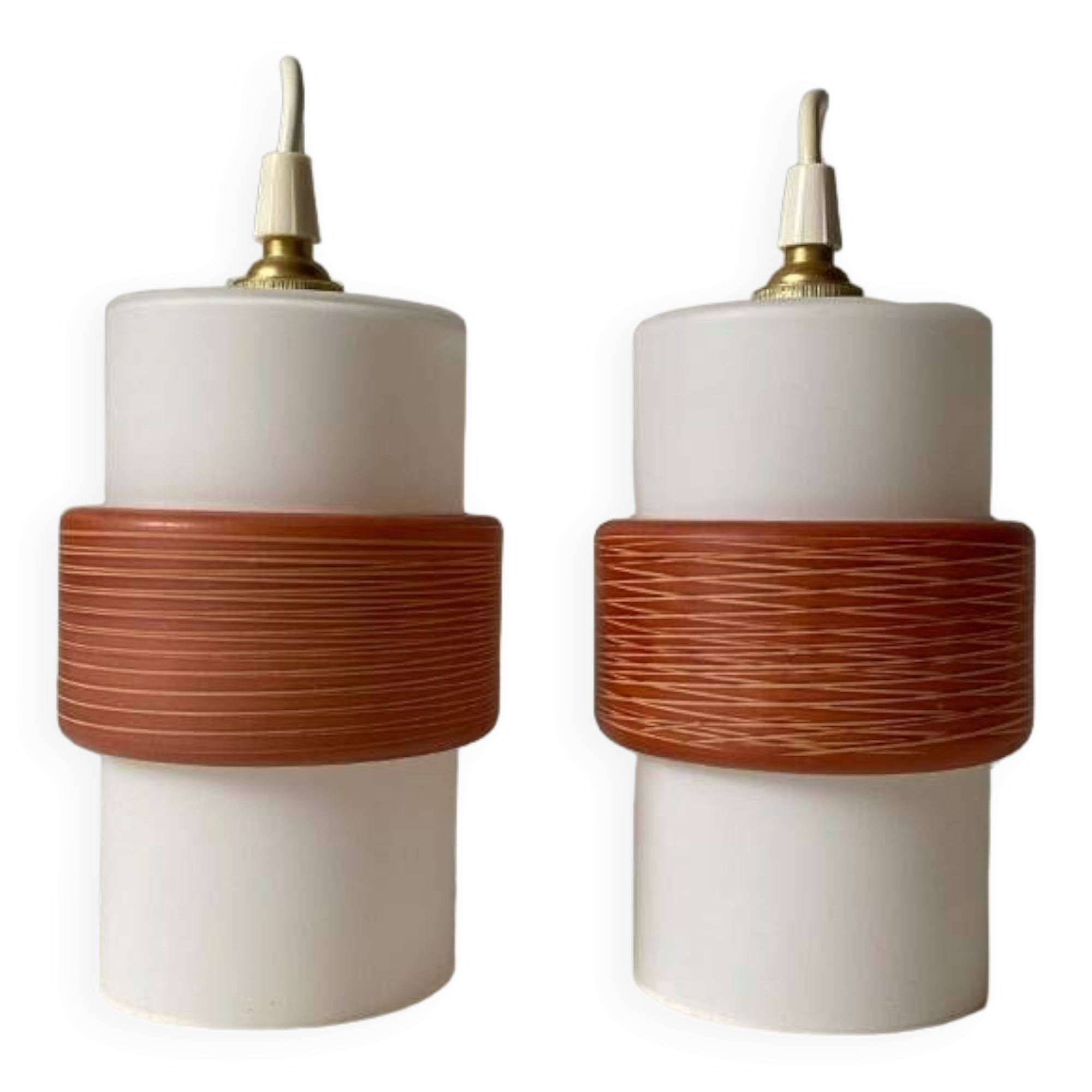 Pair of tubular opaline pendant lights
