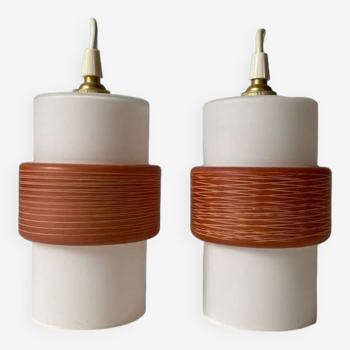 Pair of tubular opaline pendant lights