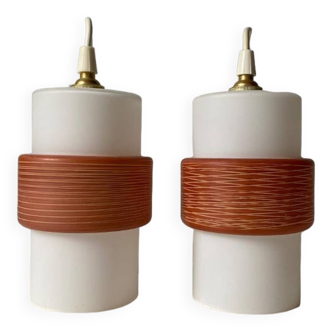 Pair of tubular opaline pendant lights